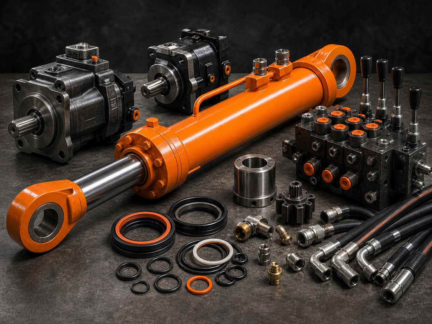 Hydraulic cylinder, pumps, motors and fittings