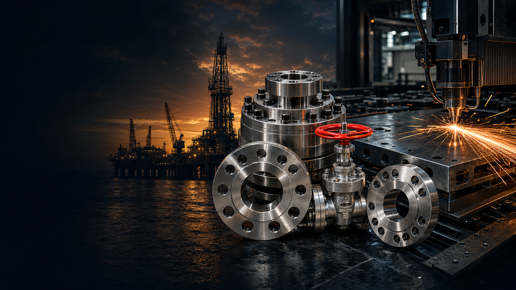 API flanges, valves and CNC laser cutting in an industrial workshop
